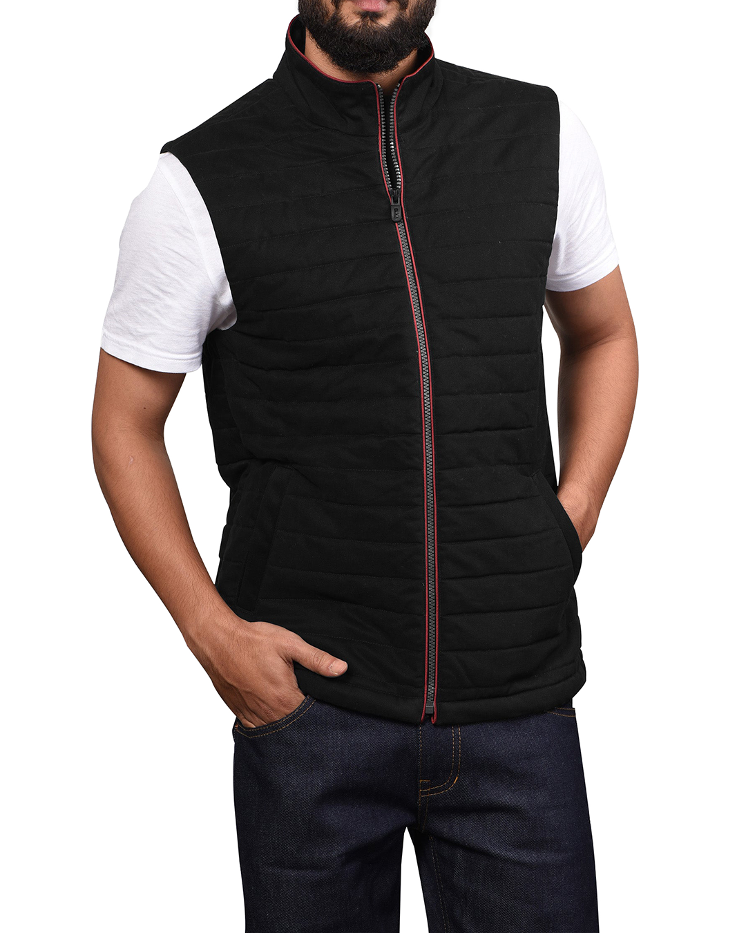 Model wearing the Quilted Gilets in Black Soft Twill for men by Luxire