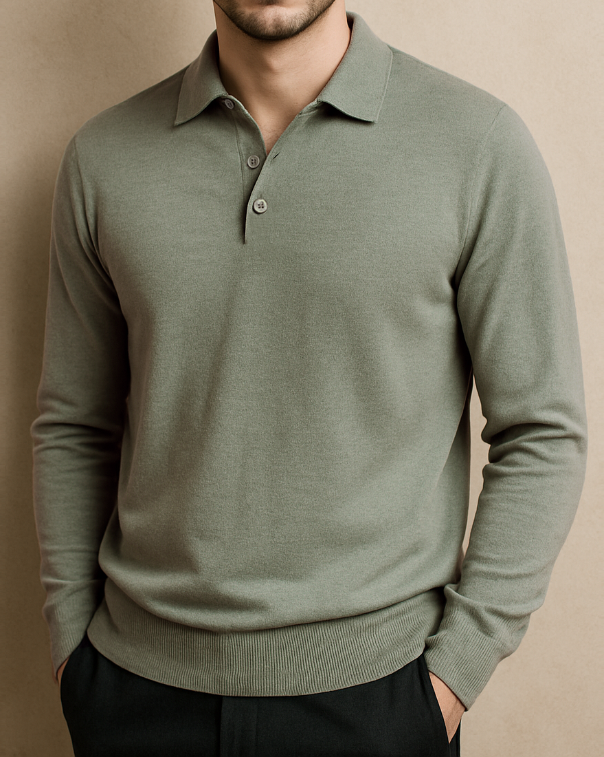 EZS Merino Wool Pale Olive  Long Sleeve Polo - 1