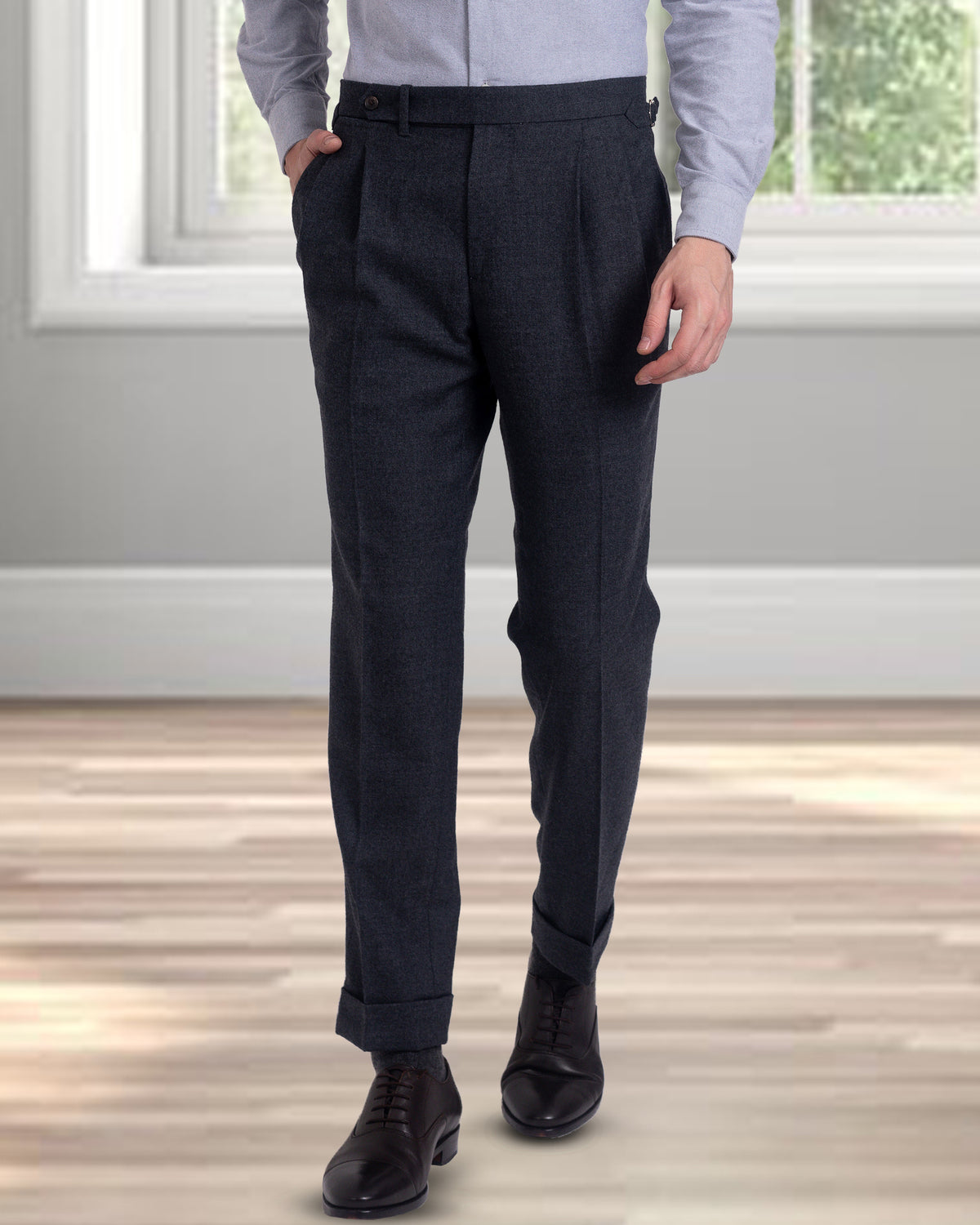 Pleated Dugdale Dark Grey Wool Flannel Dress Pant - 1