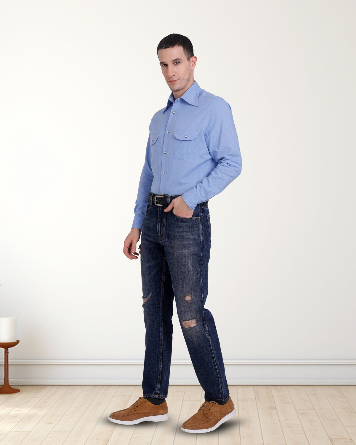 Faded Medium Indigo Washed Distressed Jeans - 3