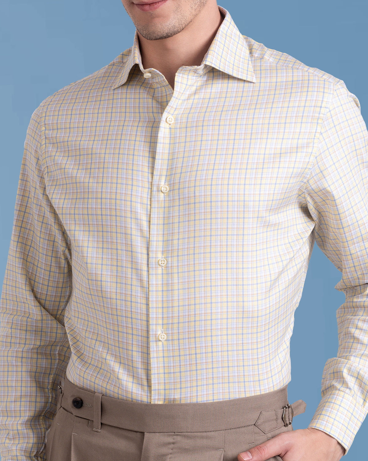 Soft Yellow Blue Tatersall Shirt - 1