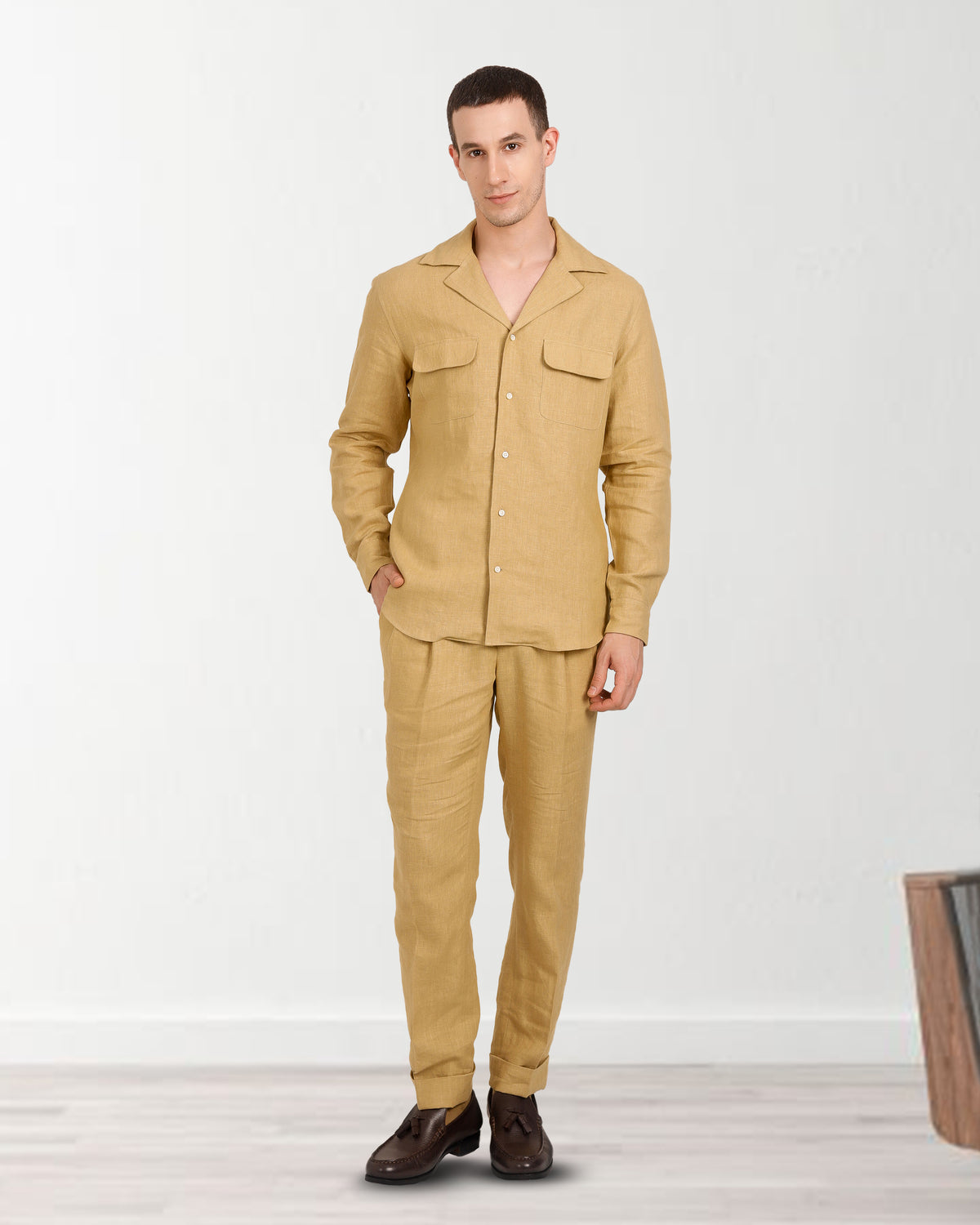 Camp Collar Shirt in Goldish Yellow Linen - 3