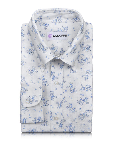 Linen: Pale Blue Printed shrubs On White