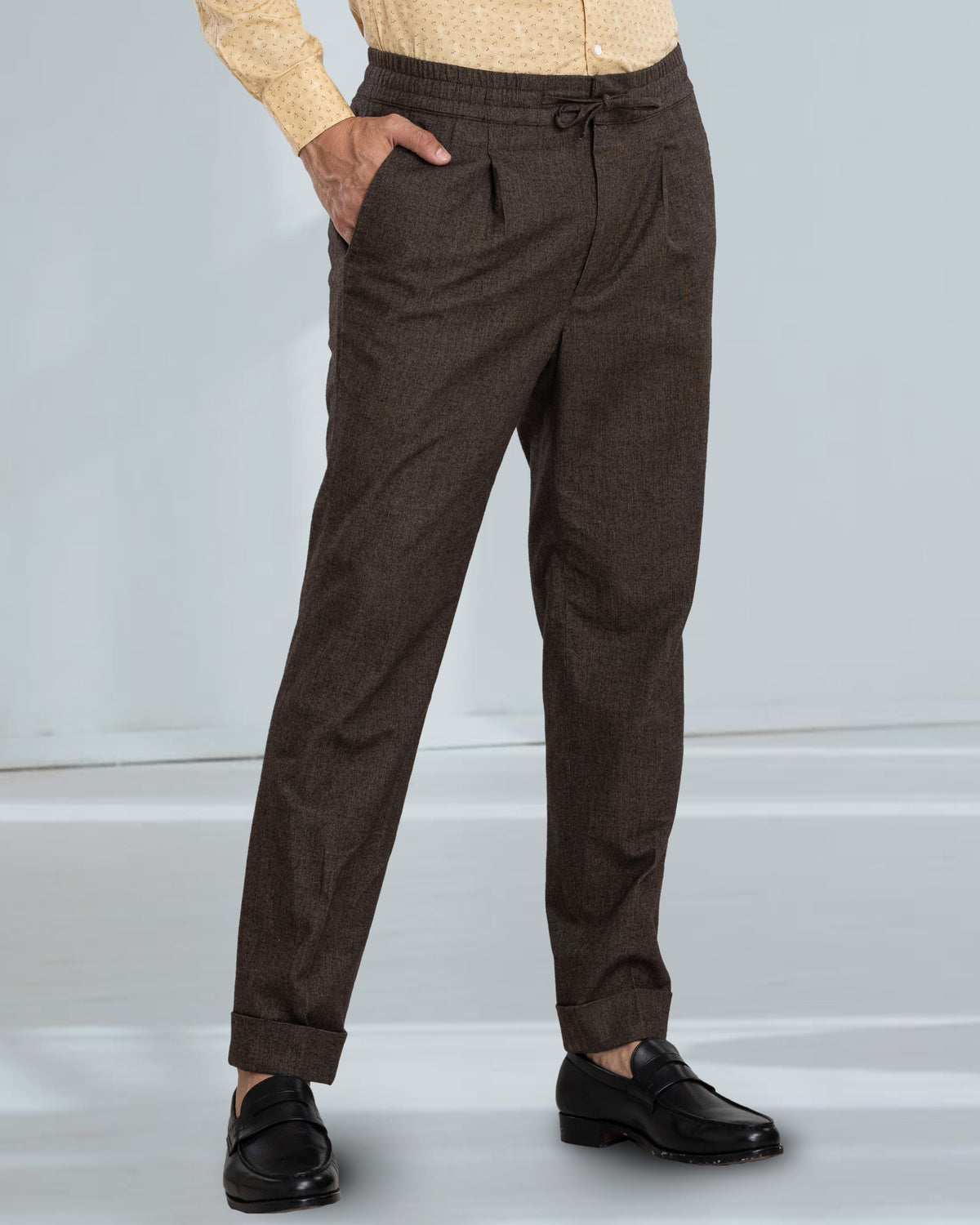 Drab Brown Birds Eye Flannel Drawstring Pant - 1