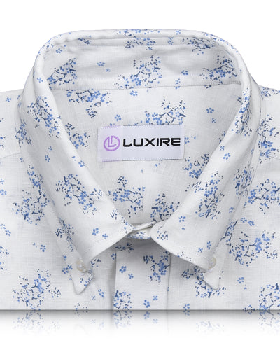 Linen: Pale Blue Printed shrubs On White
