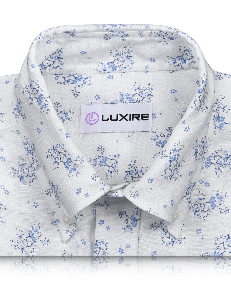 Linen: Pale Blue Printed shrubs On White