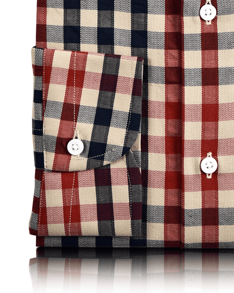 Checks: Red Navy Macro Gingham Herringbone Shirt