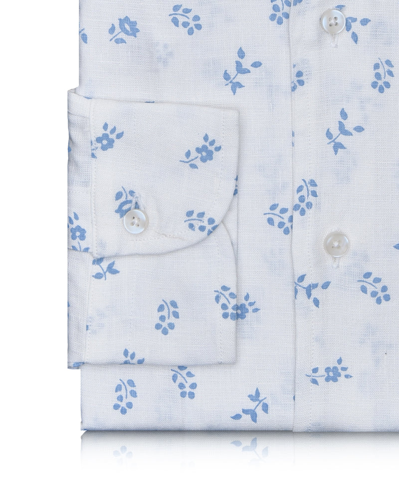 Linen: Pale Blue Printed Leaves On White