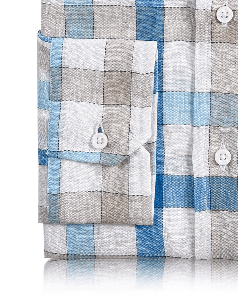 White Blue Ecru Linen Checks