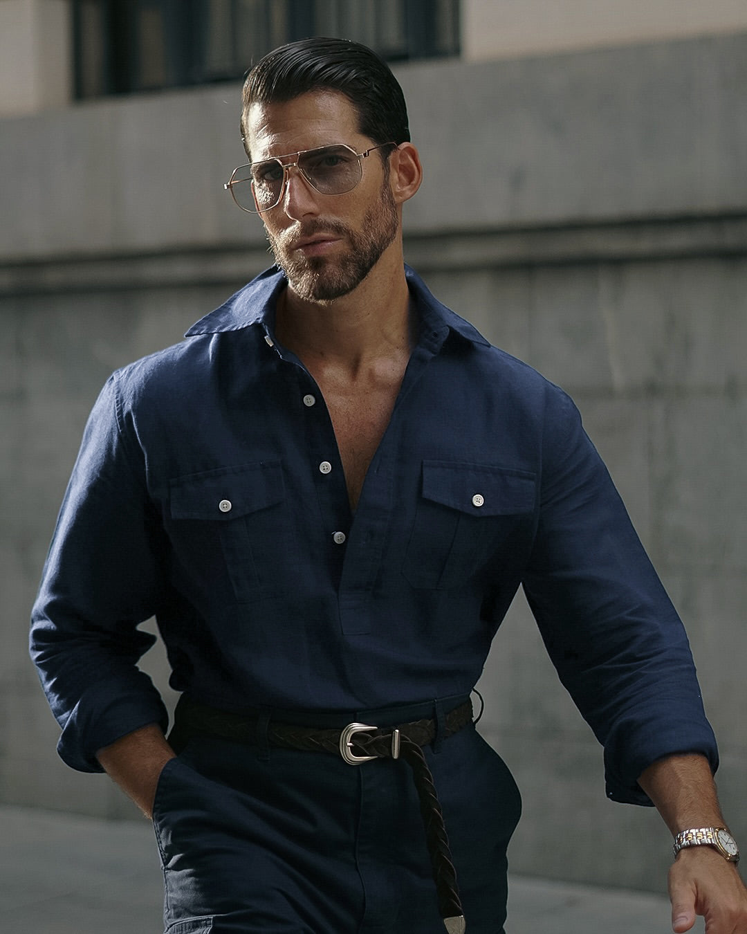 Navy Blue Linen Summer Shirt - 1