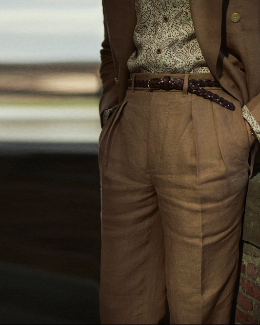 Pleated Linen Fresco Golden Brown Dress Pant