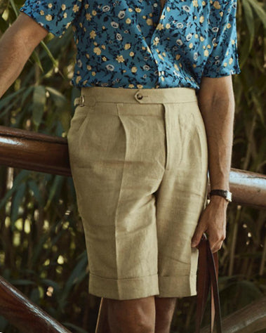 Pleated Goldish Yellow Linen Shorts - 1