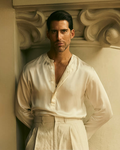 Cream Silk Band Collar Shirt