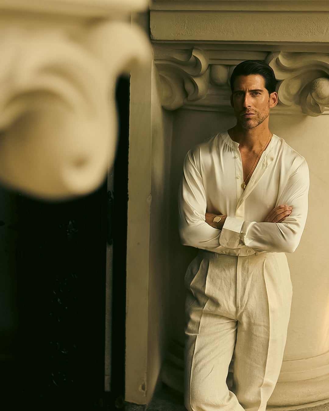 Cream Silk Band Collar Shirt