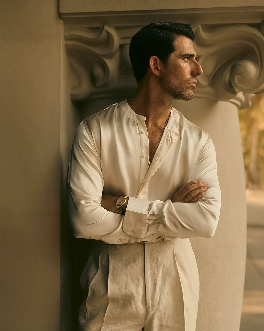 Cream Silk Band Collar Shirt - 2