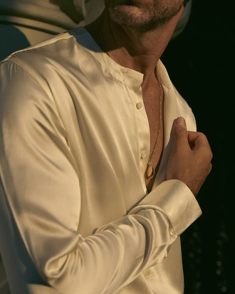 Cream Silk Band Collar Shirt