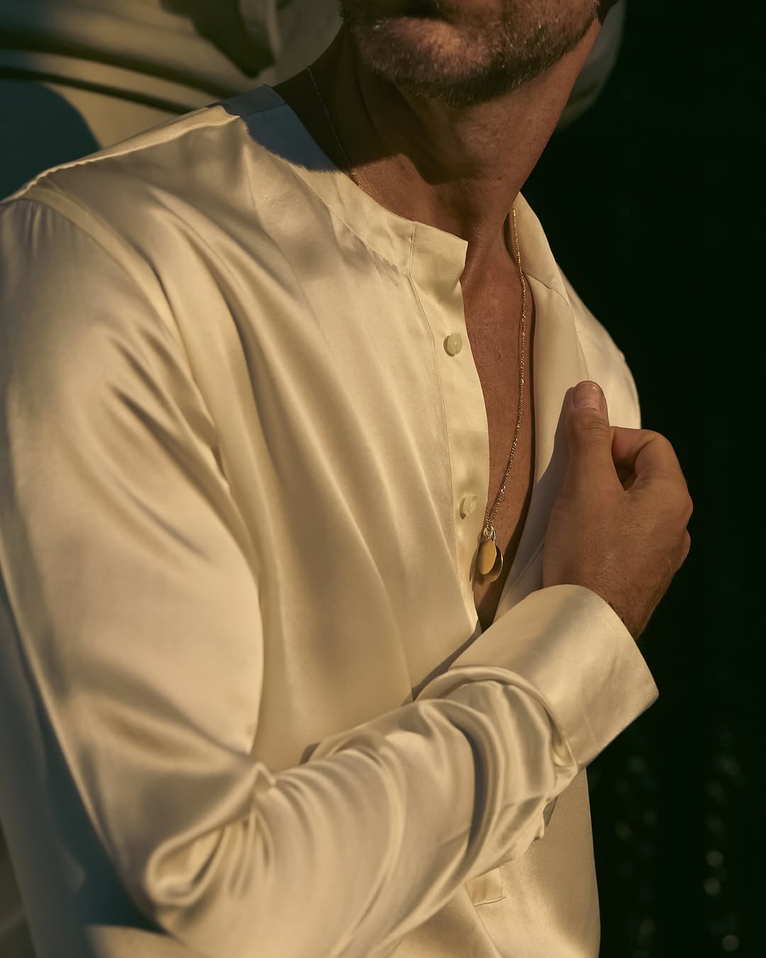 Cream Silk Band Collar Shirt