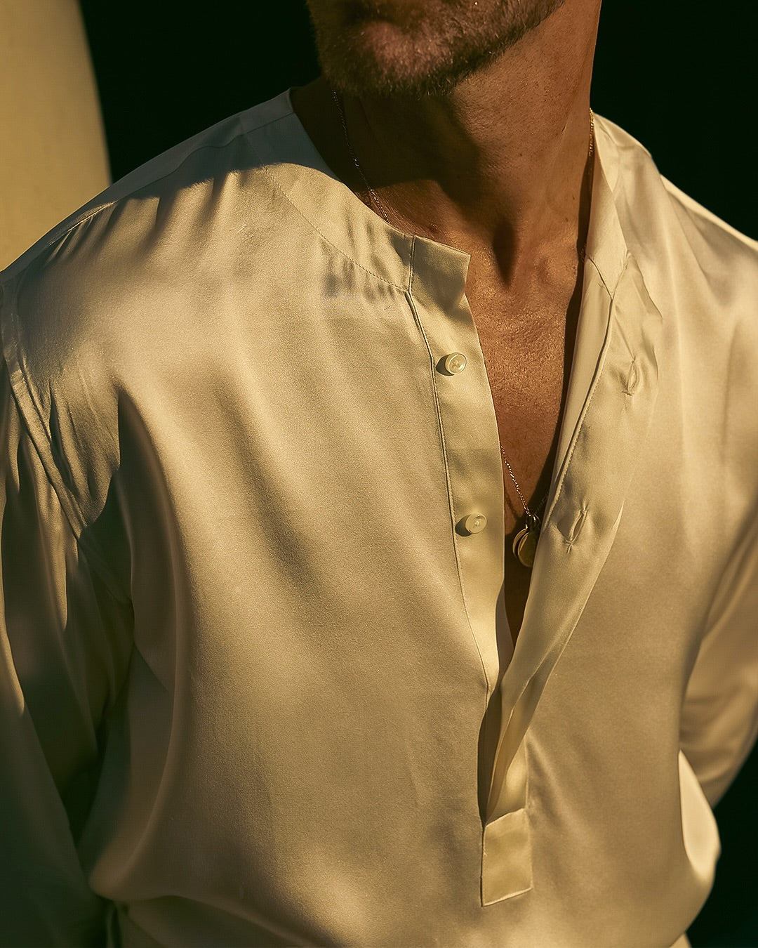Cream Silk Band Collar Shirt