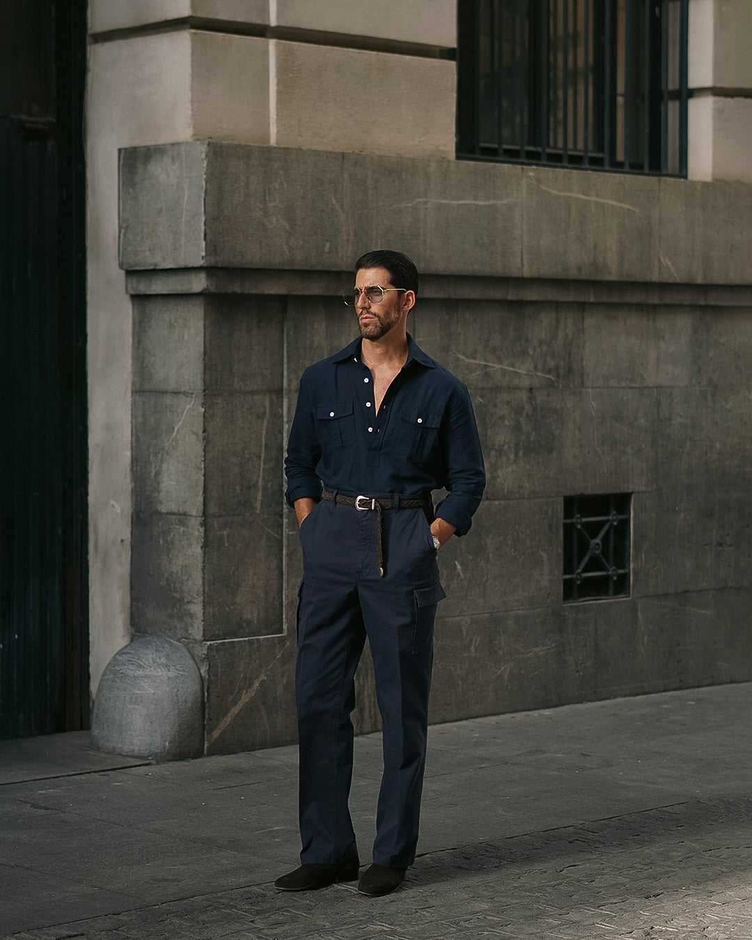 Navy Cotton Twill High Rise Cargo Pant