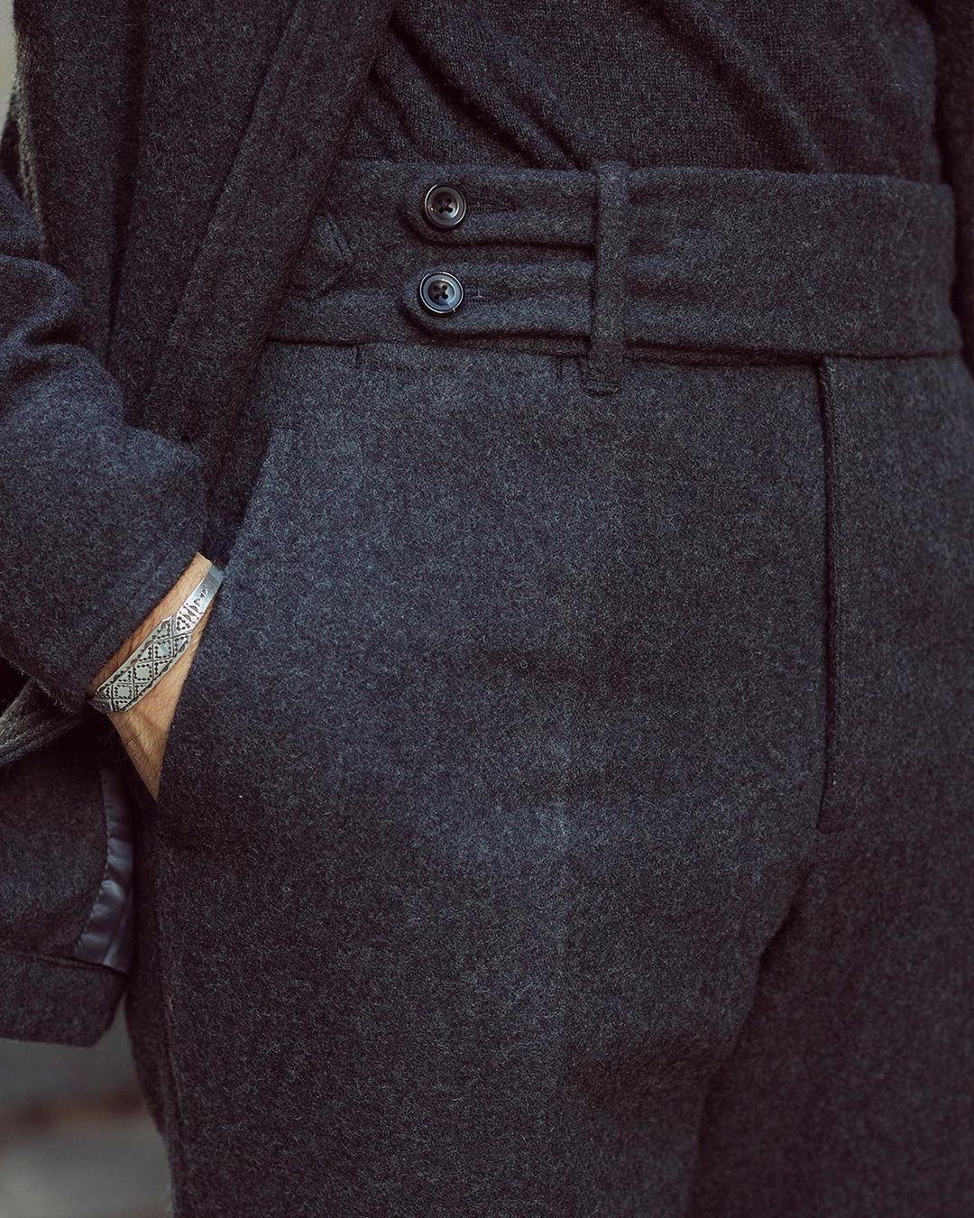 Charcoal Grey Wool Flannel High Rise Double Tab Pant - 1