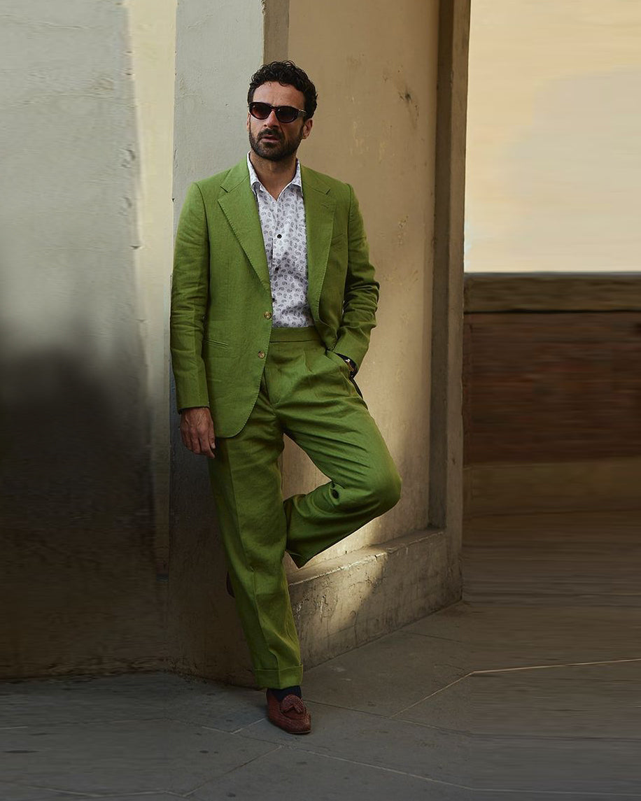 Pleated Fern Green Linen Dress Pant - 3