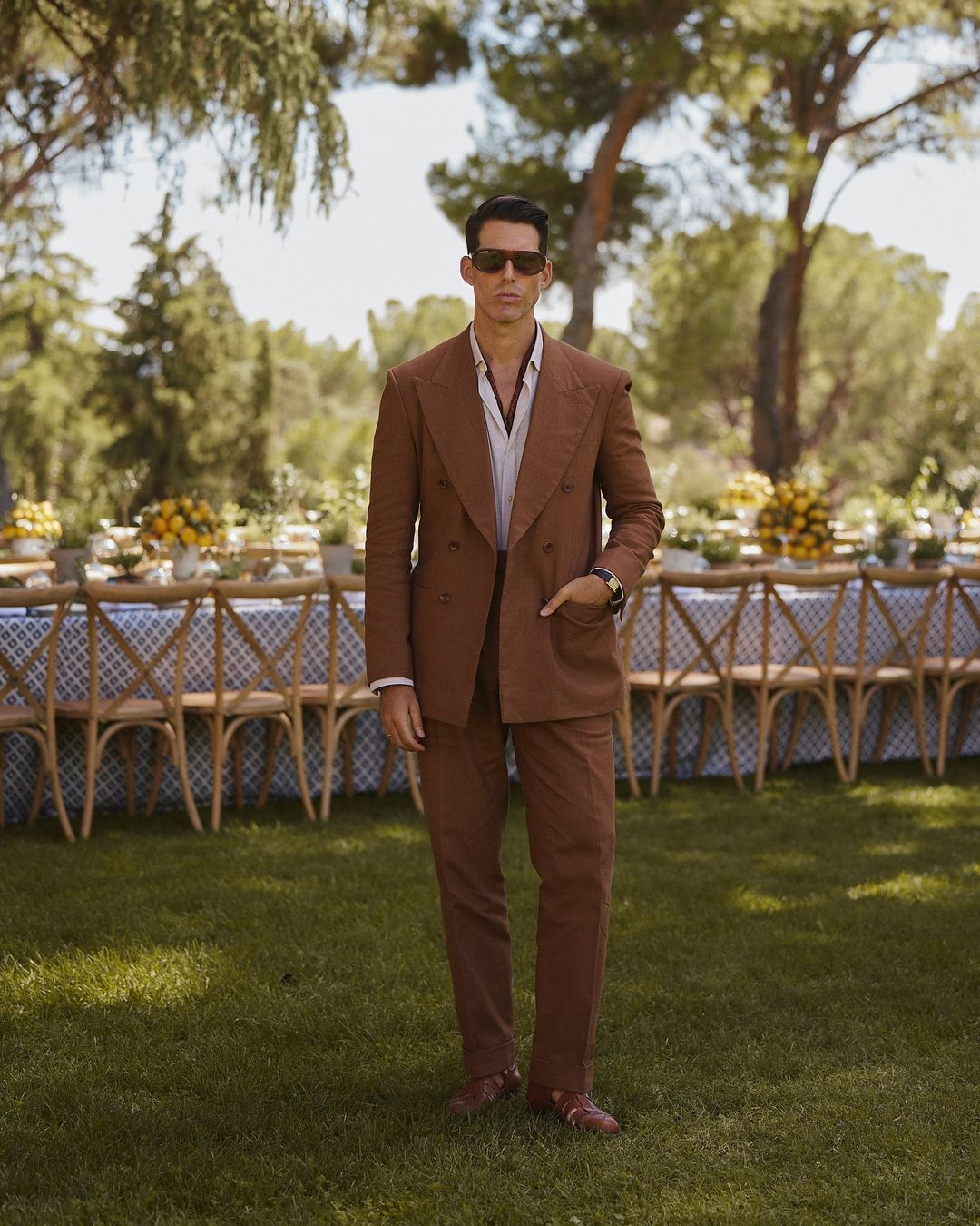 Linen Fresco Tobacco Double Breasted Suit - 1
