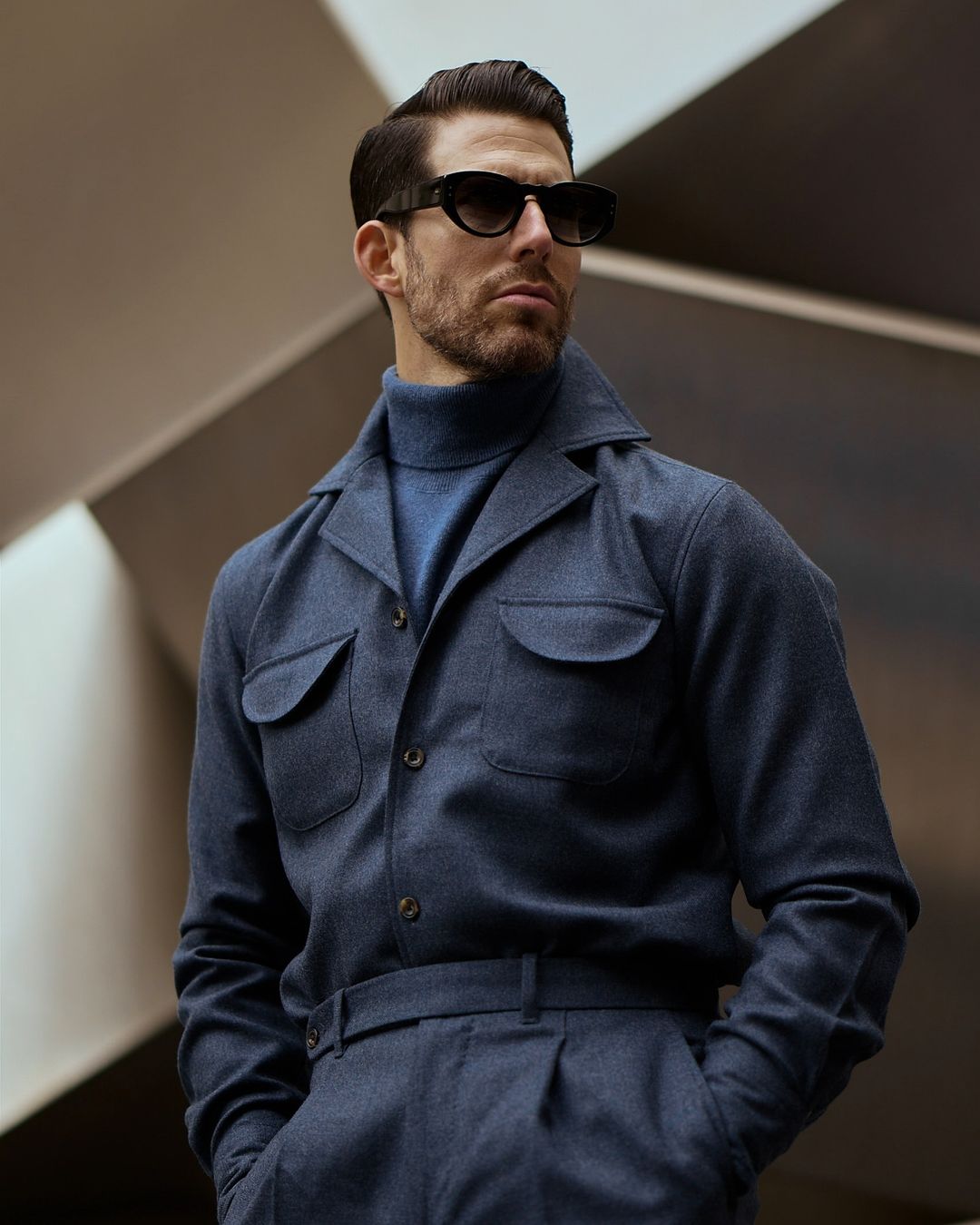 Dugdale Navy Blue Wool Flannel Shirt Jacket - 4