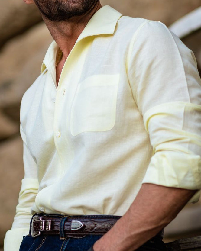 Summer Shirt in Pale Yellow Linen with one piece collar placket - 1