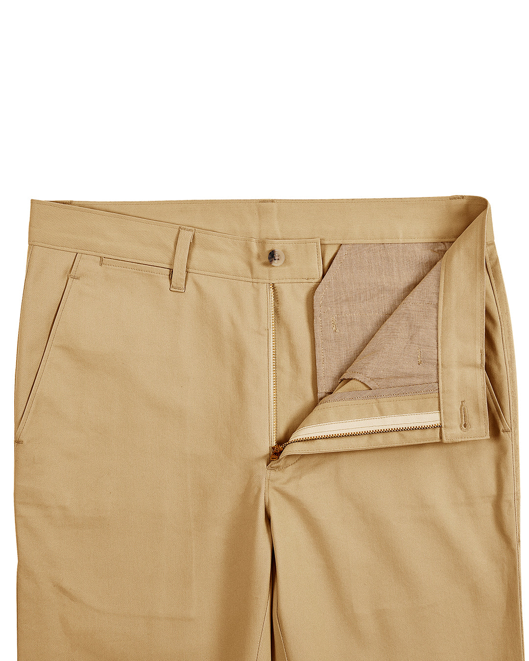 Open front view of custom Genoa Chino pants for men by Luxire in golden corn