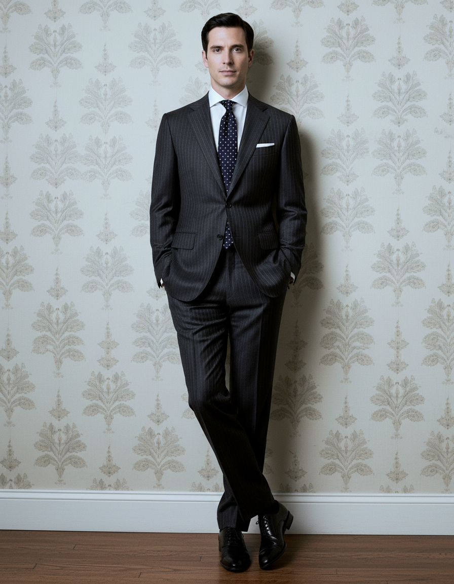Dark Grey Wool Pinstripes Suit - 8