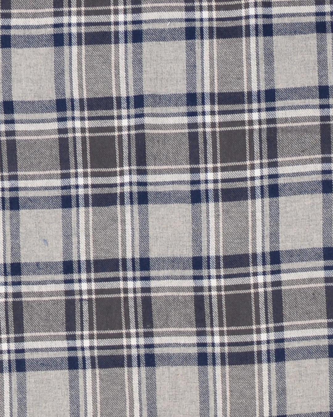 Closeup view of custom check shirts for men by Luxire dark gull grey and navy
