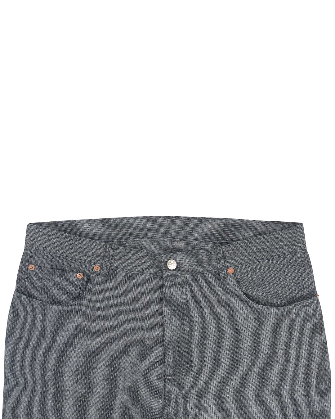 Front view of custom broken slub jeans for men by Luxire in navy grey