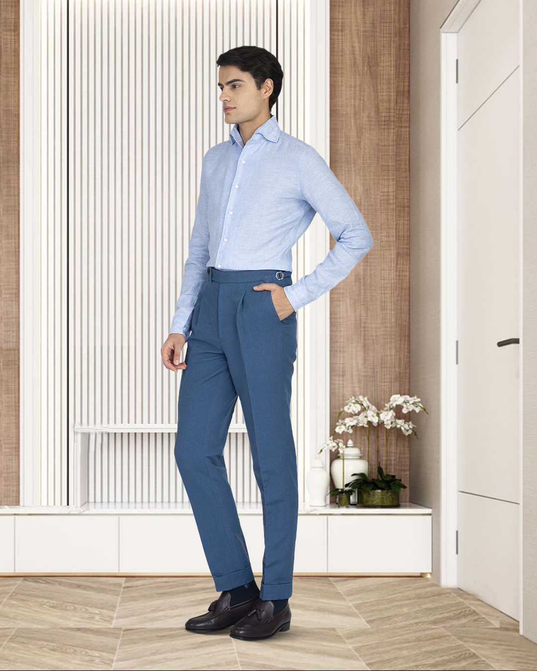 Linen Cotton: Light Blue Chambray one piece collar placket - 6