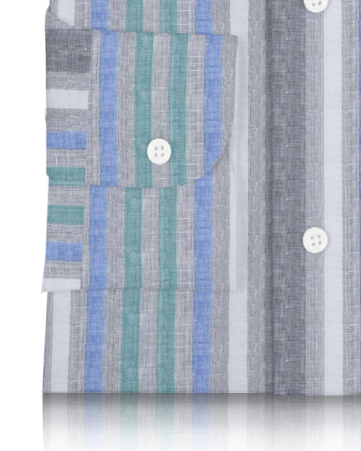 Linen: Green Blue White Tape Stripes On Grey Madras Shirt