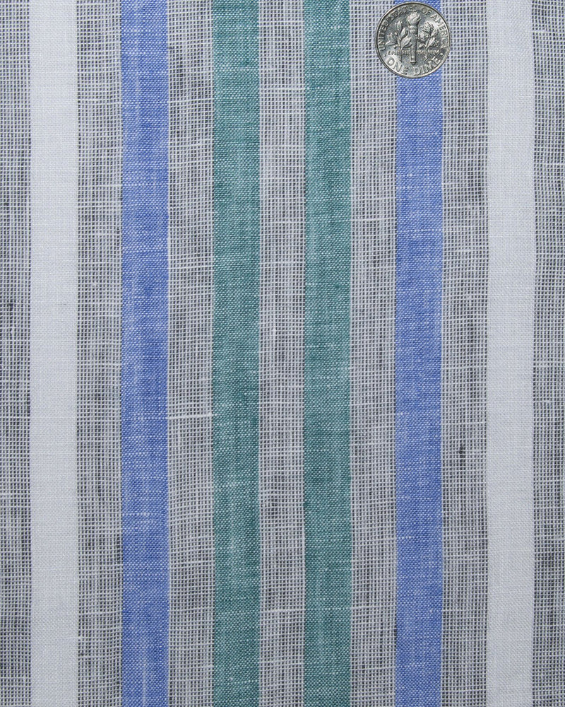 Linen: Green Blue White Tape Stripes On Grey Madras Shirt