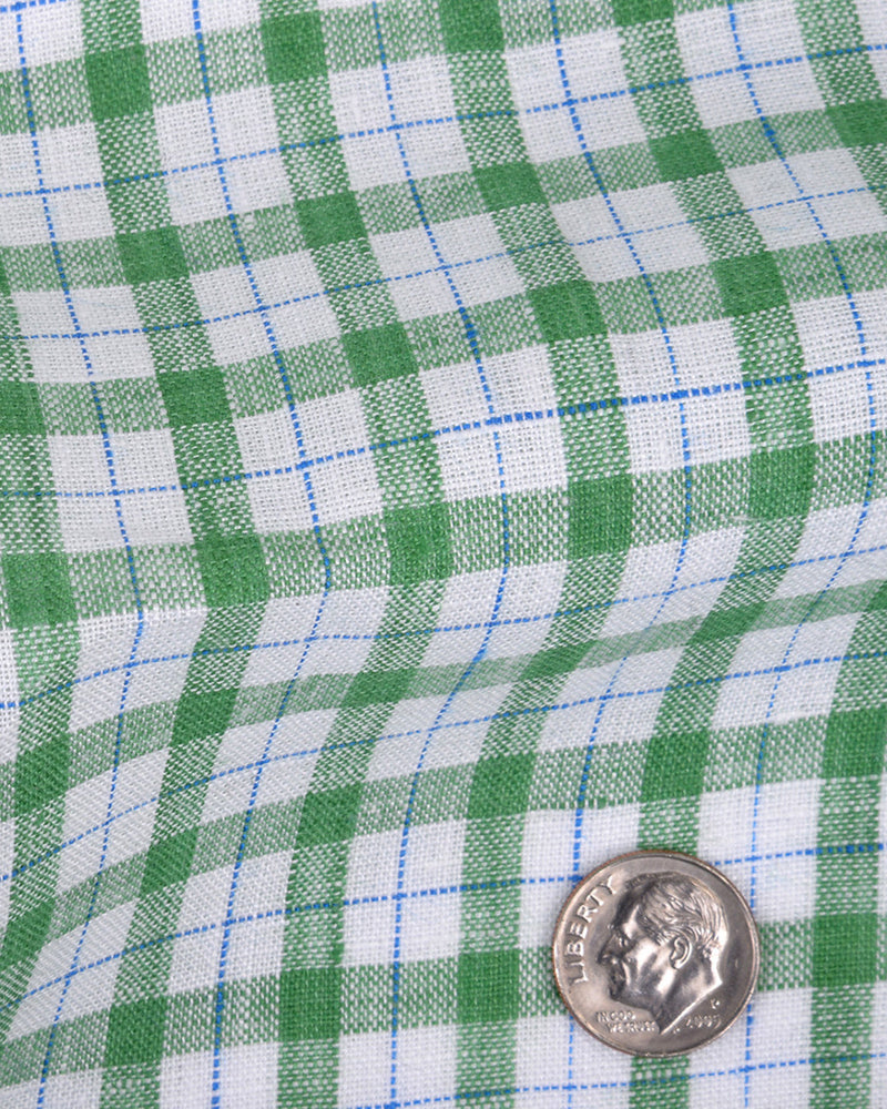 Linen: Green Blue Checks On White