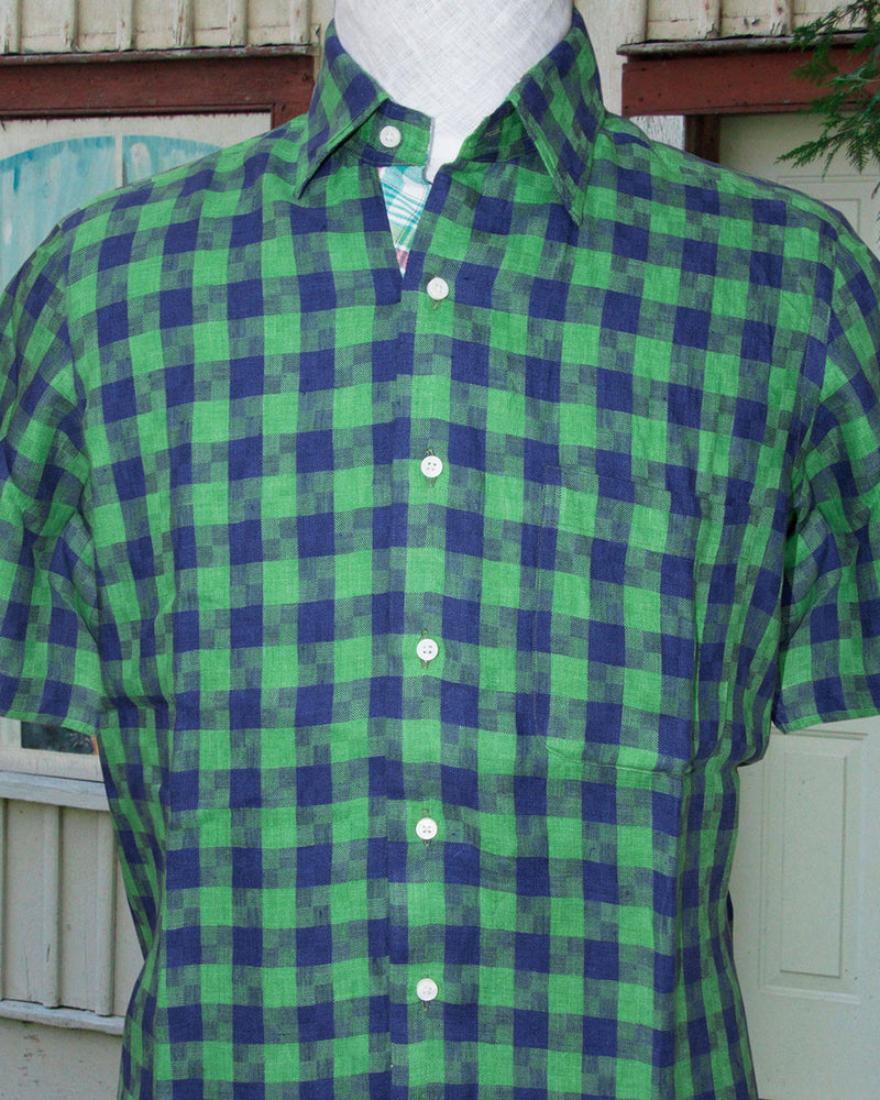 Linen: Indigo Blue Green Madras Gingham