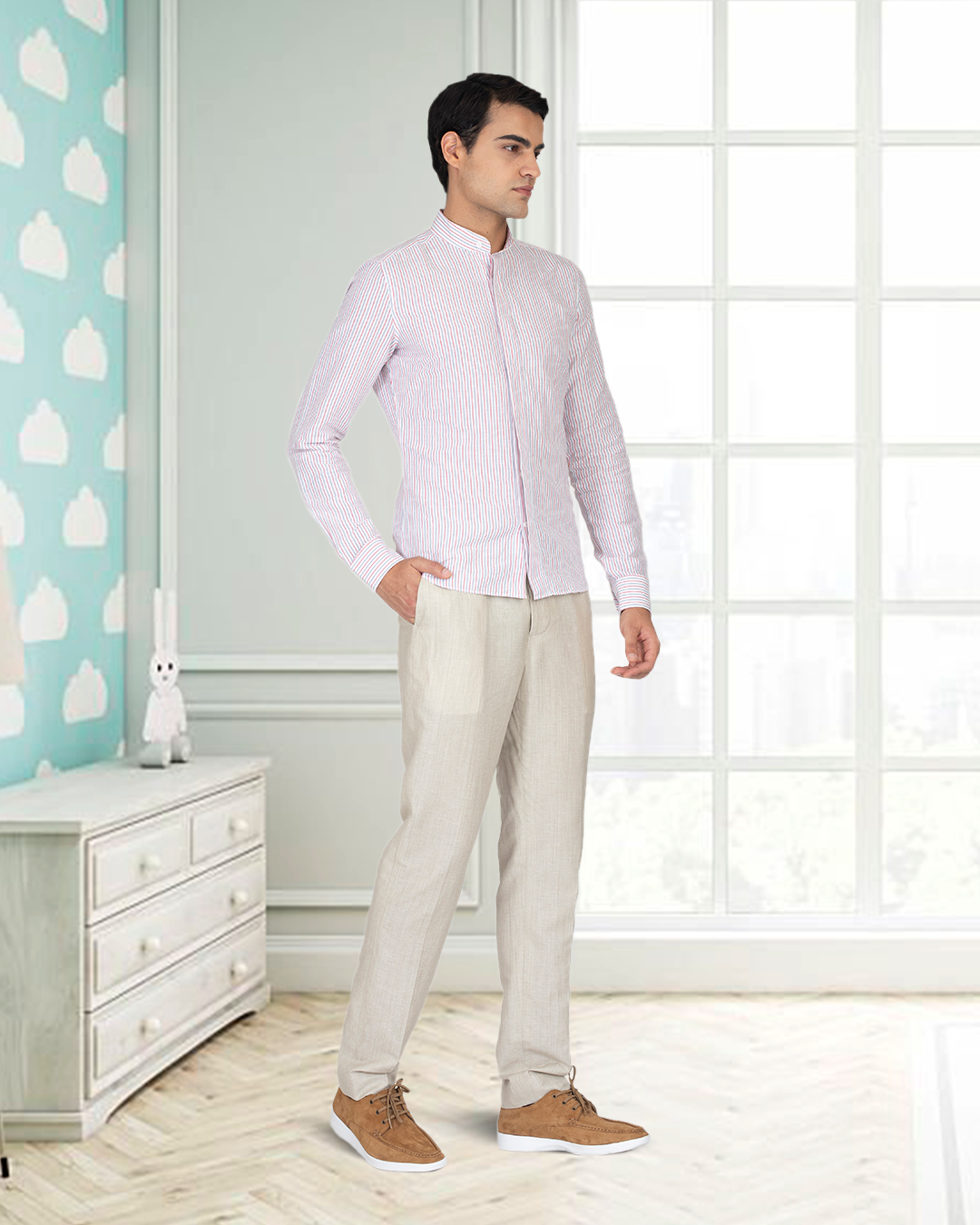 Cotton Linen: Red Blue Alternate stripes On White Shirt - 10
