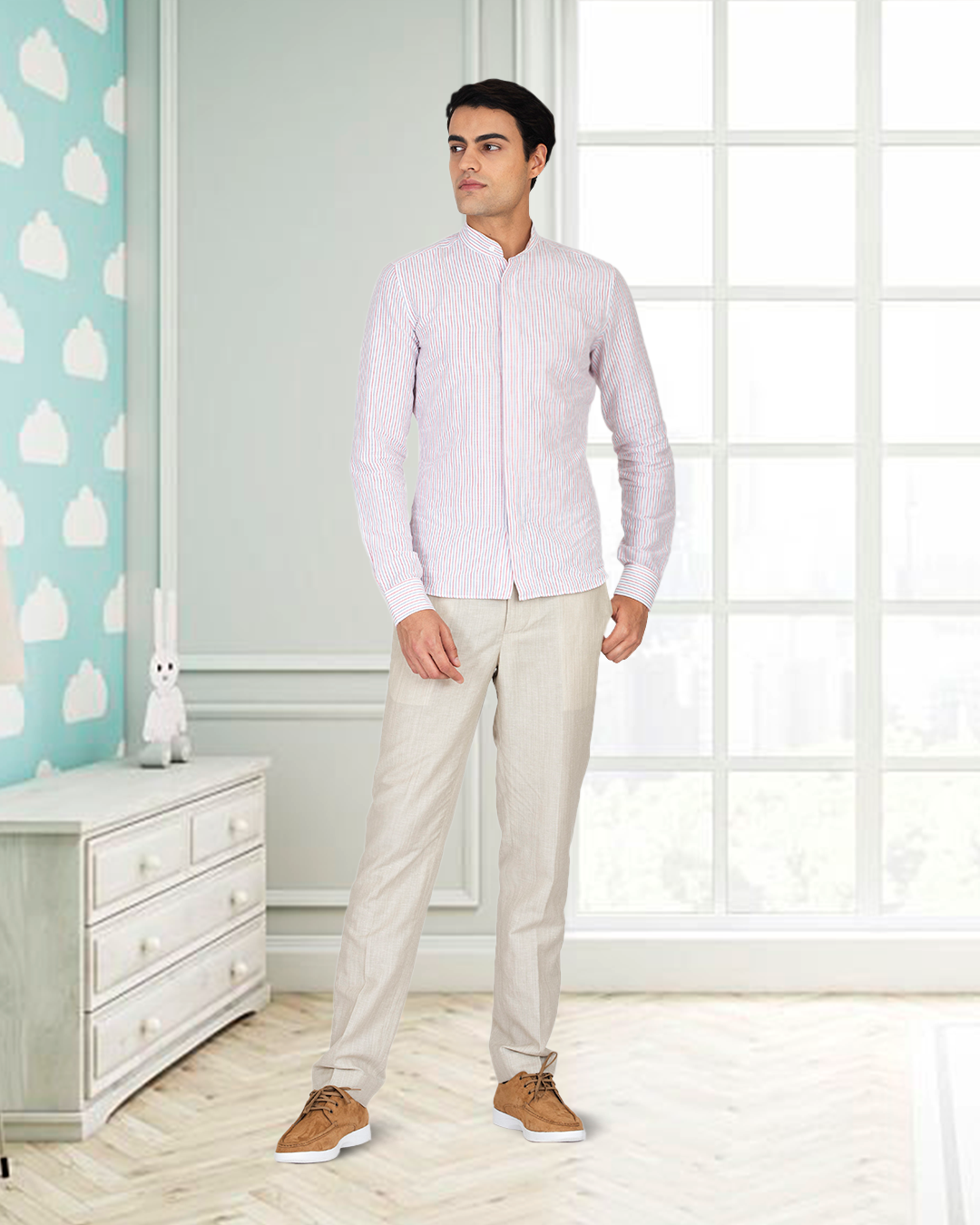 Cotton Linen: Red Blue Alternate stripes On White Shirt - 3