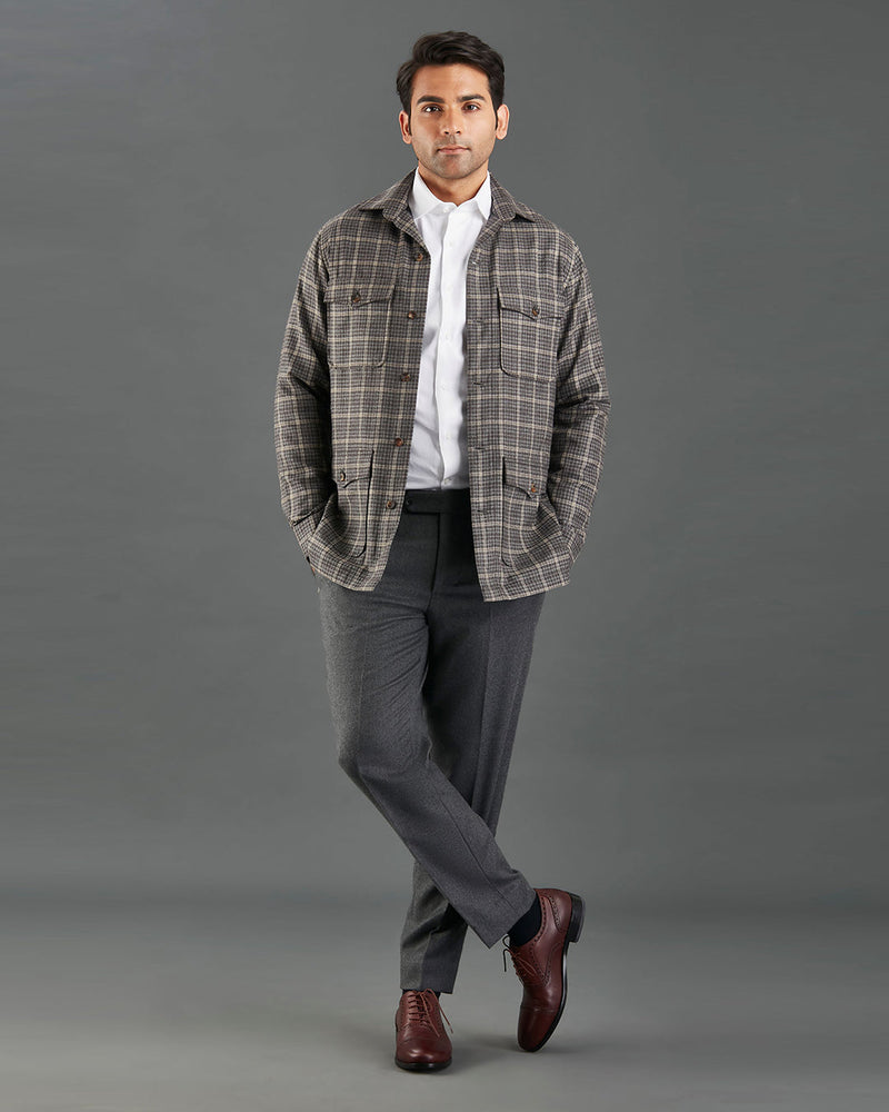 Loro Piana Brown and Grey Overchecks Shirt Jacket