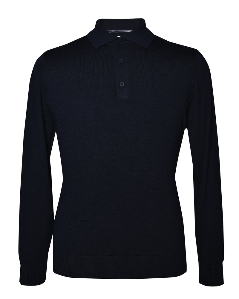 EZS Merino Wool Navy Long Sleeve Polo