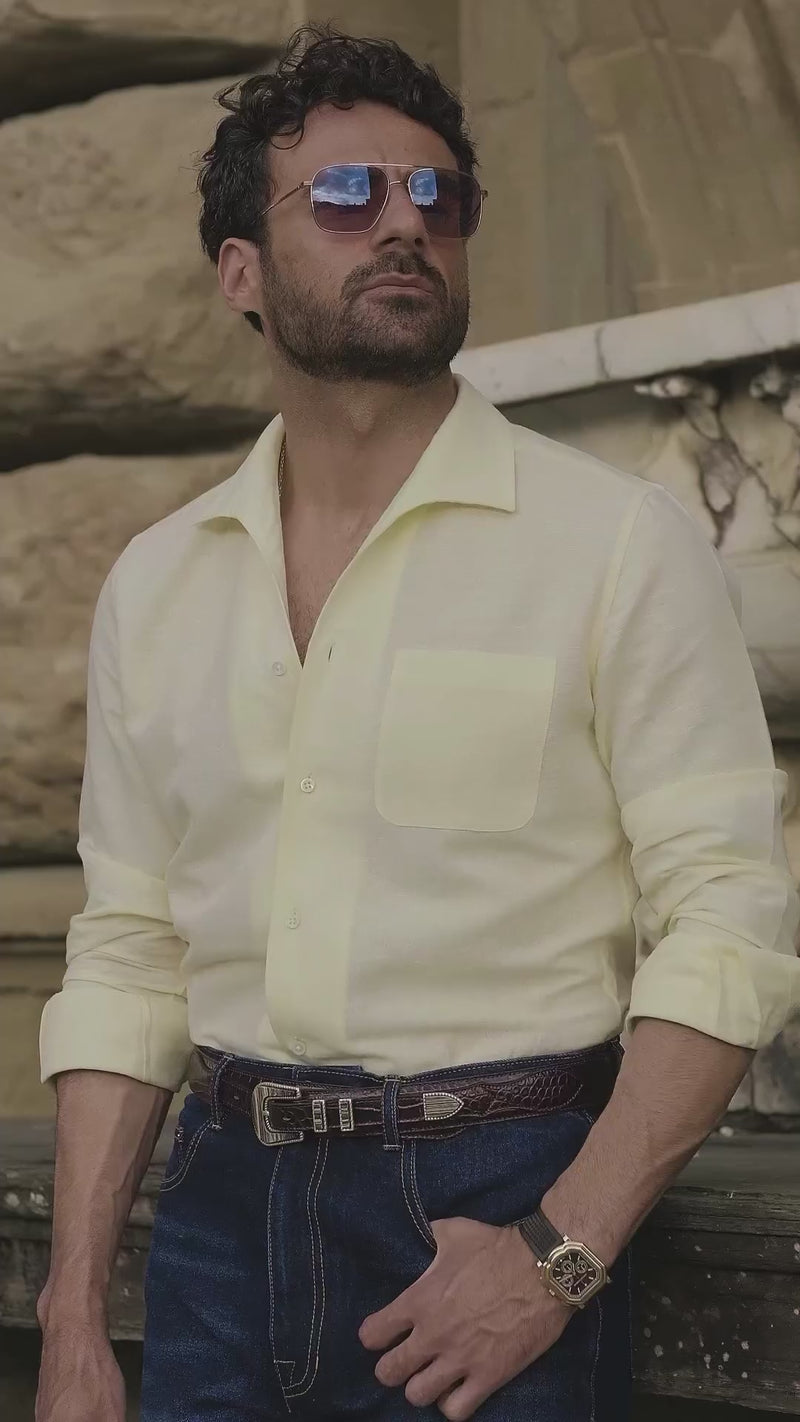 Summer Shirt in Pale Yellow Linen with one piece collar placket