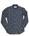 Indigo Denim Printed Green Yellow Flowers