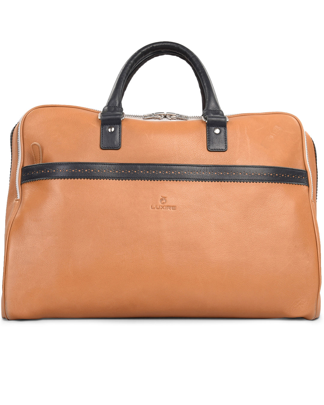 Large Travel Bag in Tan Calf Leather With Navy Trims - 1