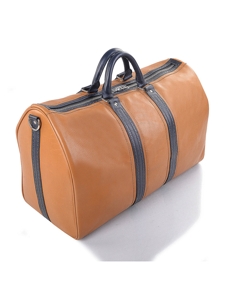 Leather Holdall Bag in Tan with Navy trim