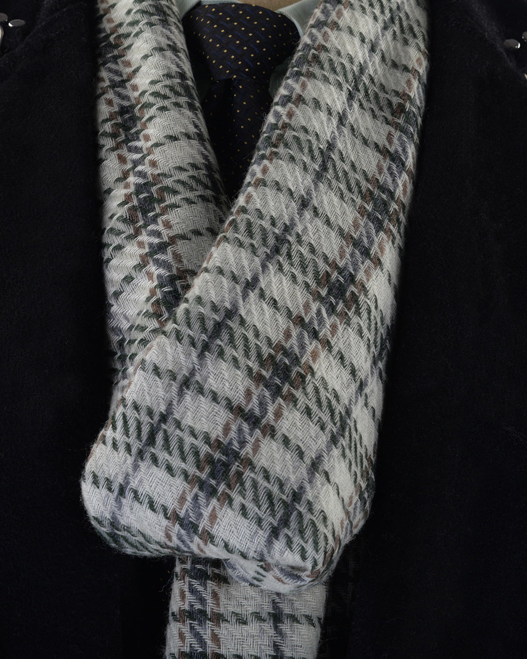 Cashmere Wool Scarf Green Navy Checks On Off White - 1
