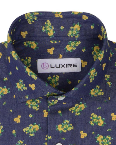 Indigo Denim Printed Green Yellow Flowers