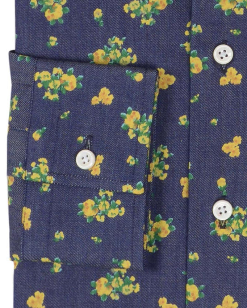 Indigo Denim Printed Green Yellow Flowers