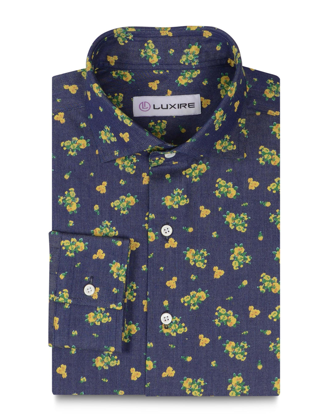 Indigo Denim Printed Green Yellow Flowers - 1