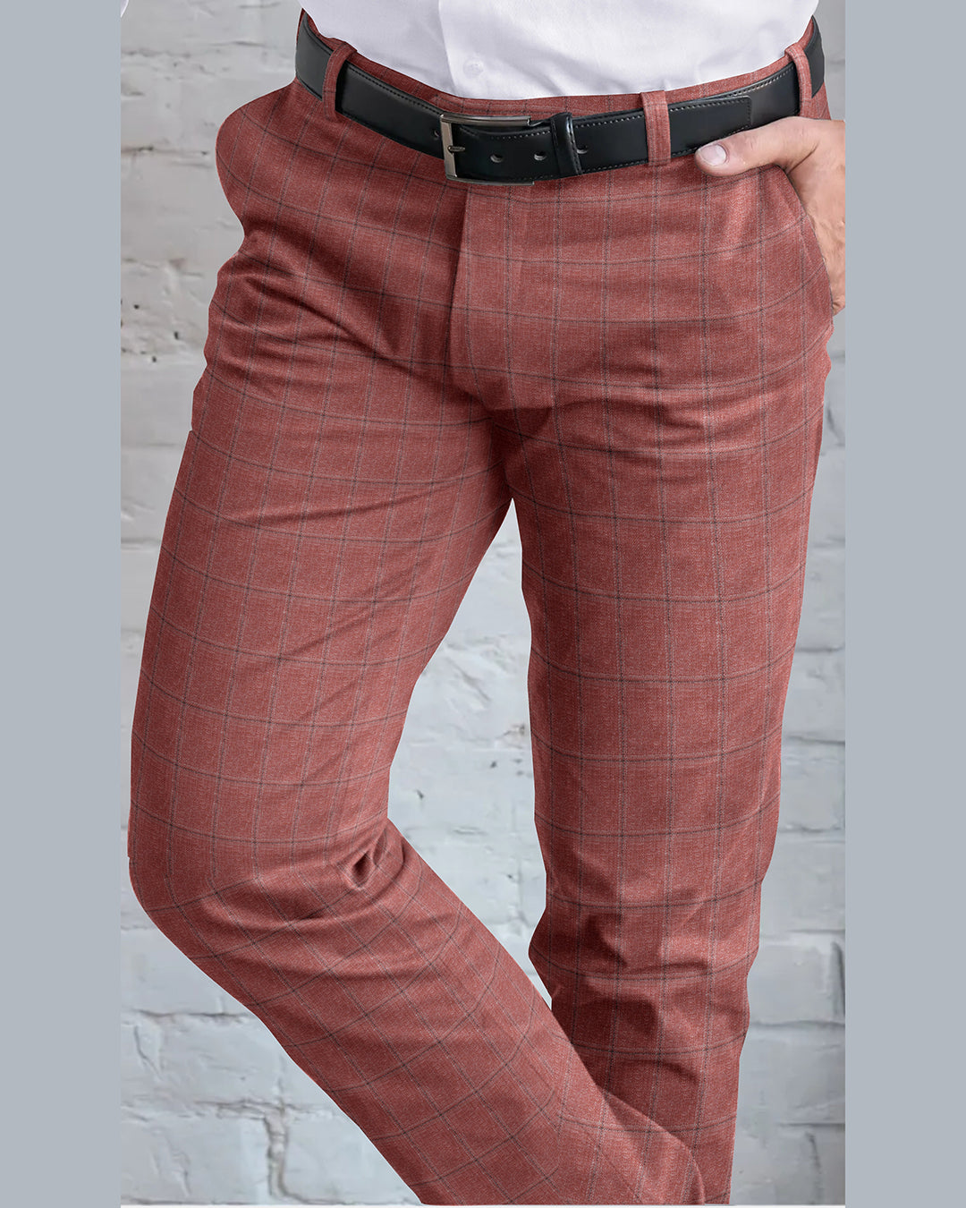 EThomas Dark Salmon Pink Windowpane Checks - 4